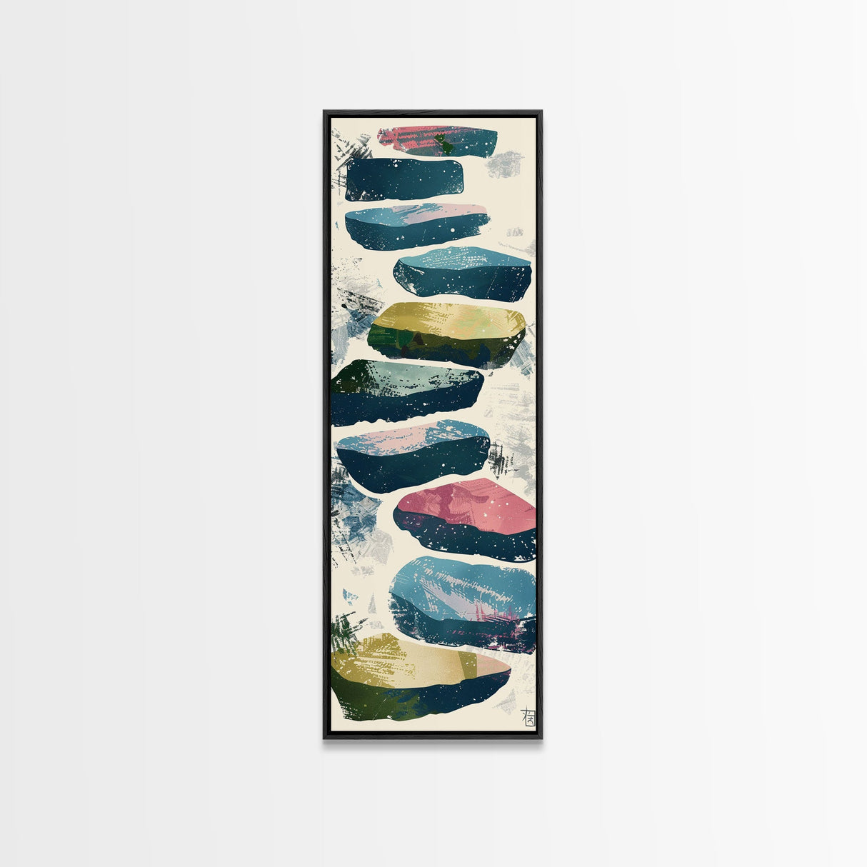 Skinny Art Tall Art Framed Canvas Print Abstract Stepping Stones In Varied Colors Over A Neutral Background Ukiyo-e Japanese Style Art