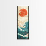 Red Sun and Ocean Waves Skinny Wall Art Framed Canvas Print in Cream and Teal Tones with Red Splashes Japanese Art