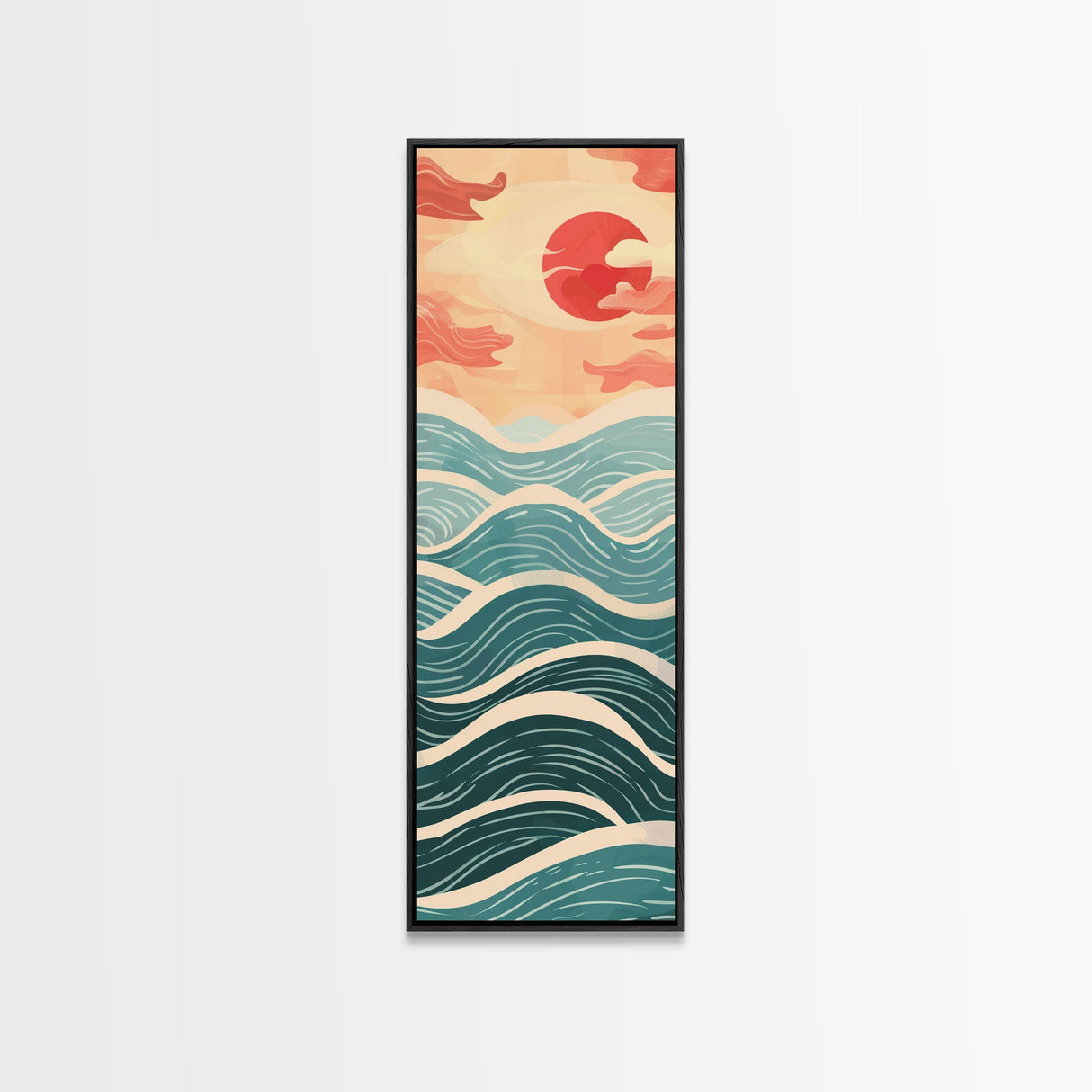 Ocean Waves and Red Sun Japanese Art Skinny Wall Art Framed Canvas Print in Minimalist Style with Dynamic Flowing Waves