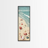 Japanese Style Art Featuring A Serene Beach Scene With Seashells And Gentle Waves, Skinny Art, Tall Art, Ukiyo-e Art, Framed Canvas Print, Wood Block Print