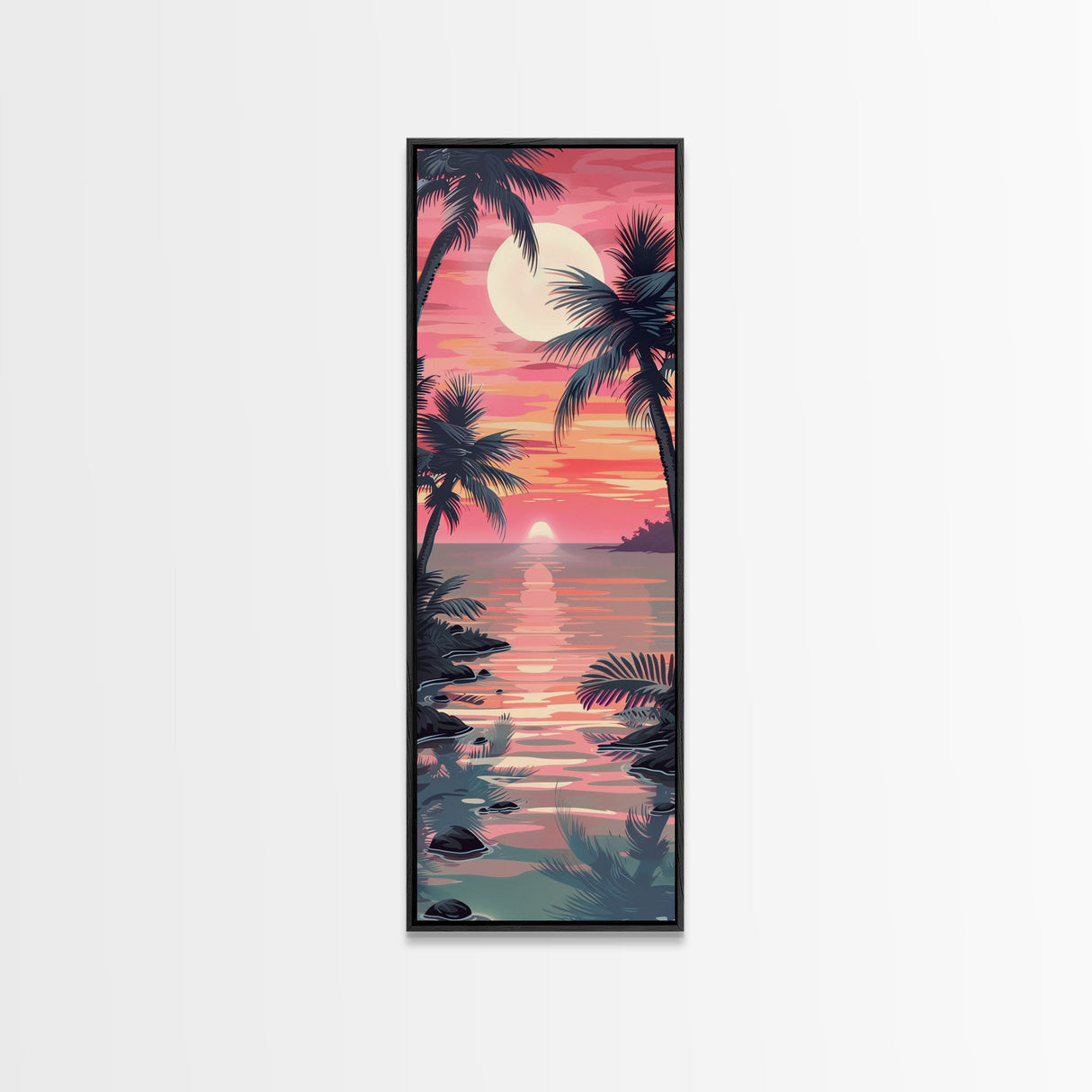 Serene Sunset With Palm Trees And Tranquil Ocean Reflection Ukiyo-e Wood Block Tall Skinny Art Framed Canvas Print