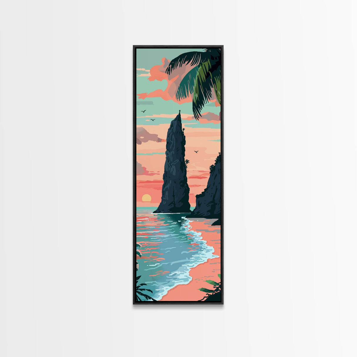 Towering Coastal Rock Formation During Sunset With Palm Trees For Serene Beach Wall Art Japanese Style Framed Canvas Print