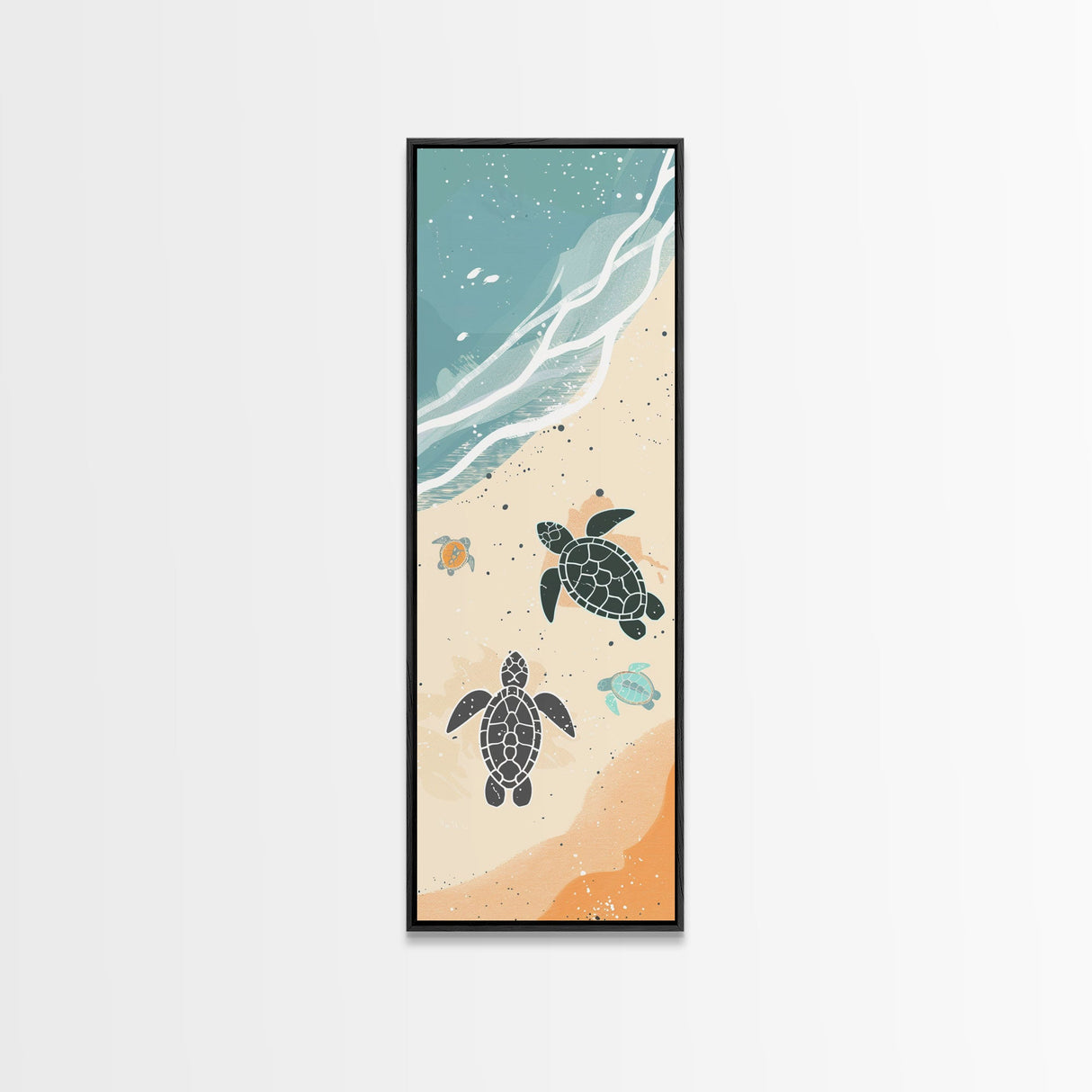 Sea Turtles On Japanese Beach Canvas Print, Ukiyo-e Woodblock Style, Framed Canvas Print, Tall Skinny Japanese Wall Art, Ready To Hang