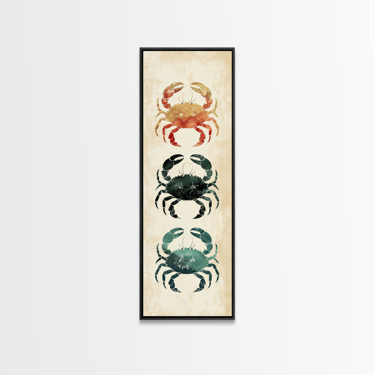 Coastal Crabs Skinny Art Tall Art Japanese Ukiyo-e Inspired Nautical Framed Canvas Print for Beach House or Ocean Lovers