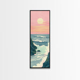 Tranquil Ocean Sunset with Soft Waves Crashing against Rocky Shoreline - Skinny Art, Japanese Wall Decor, Framed Canvas Print, Ukiyo-e Style