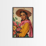 Western Woman Holding Flowers - Framed Canvas Print, Traditional Living Room Art, Colorful Bedroom Decor, Folk Art, Wall Art