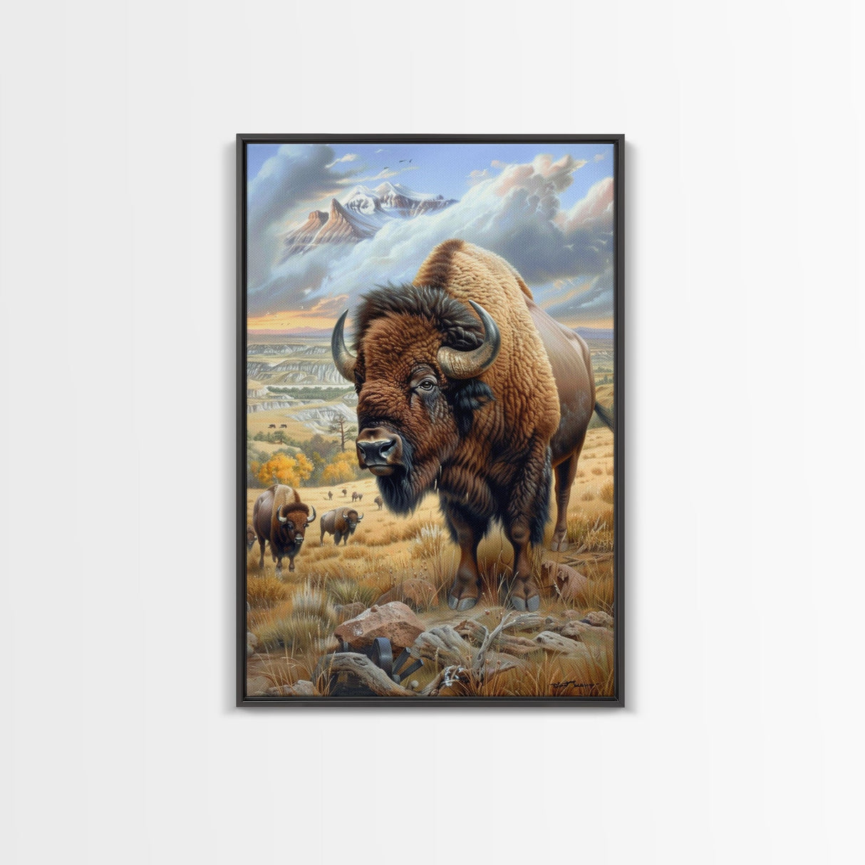 Majestic Bison in Mountain Landscape - Framed Canvas Print, Western Wildlife Art, Bison Wall Art for Rustic Home Decor