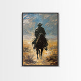 Lone Cowboy Riding into Sunset - Framed Canvas Print, Western Art, Living Room Decor, Cowboy Art for Bedroom, Rustic Wall Art