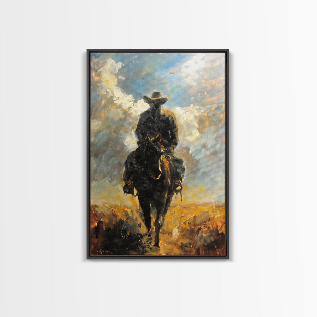 Silhouette of Cowboy on Horseback at Dusk - Framed Canvas Print, Western Art, Rustic Decor, Living Room Wall Art, Cowboy Themed Art