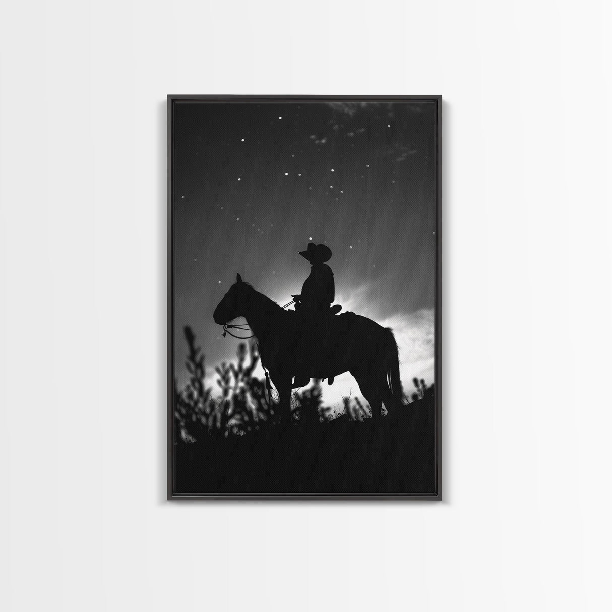 Silhouette of a Cowboy on Horseback under a Starry Night Sky for Western Wall Art, Canvas Prints, Home Decor, Living Room Art, Bedroom Art