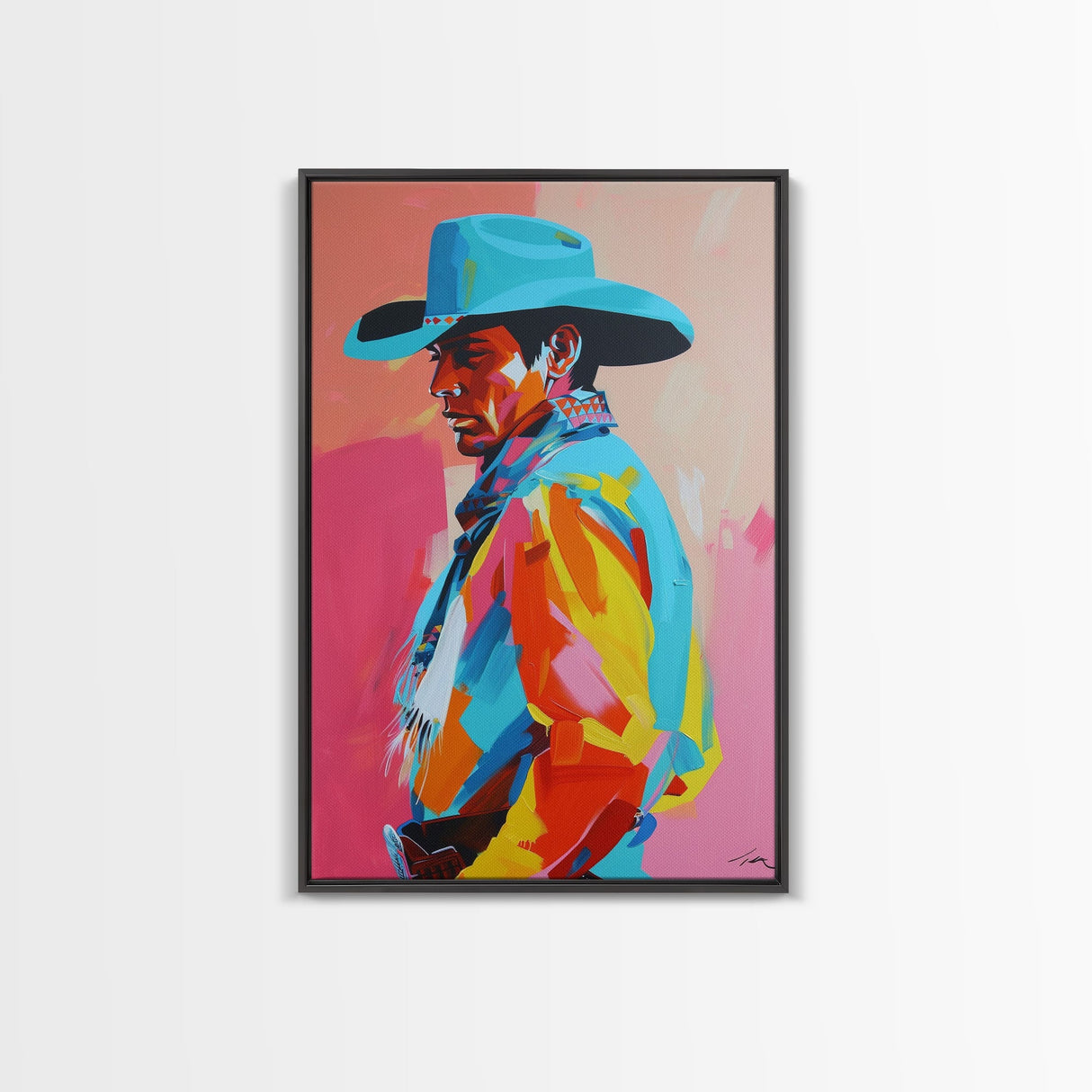 Profile of Stylish Cowboy in Hat - Framed Canvas Print, Colorful Western Art, Bold Cowboy Wall Art for Living Room