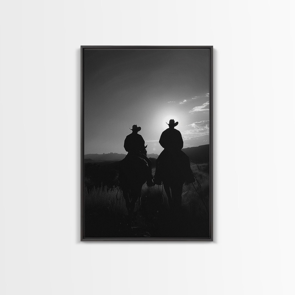 Silhouetted Cowboys on Horseback Riding into the Sunset for Western Wall Art, Canvas Prints, Home Decor, Living Room Art, Bedroom Art