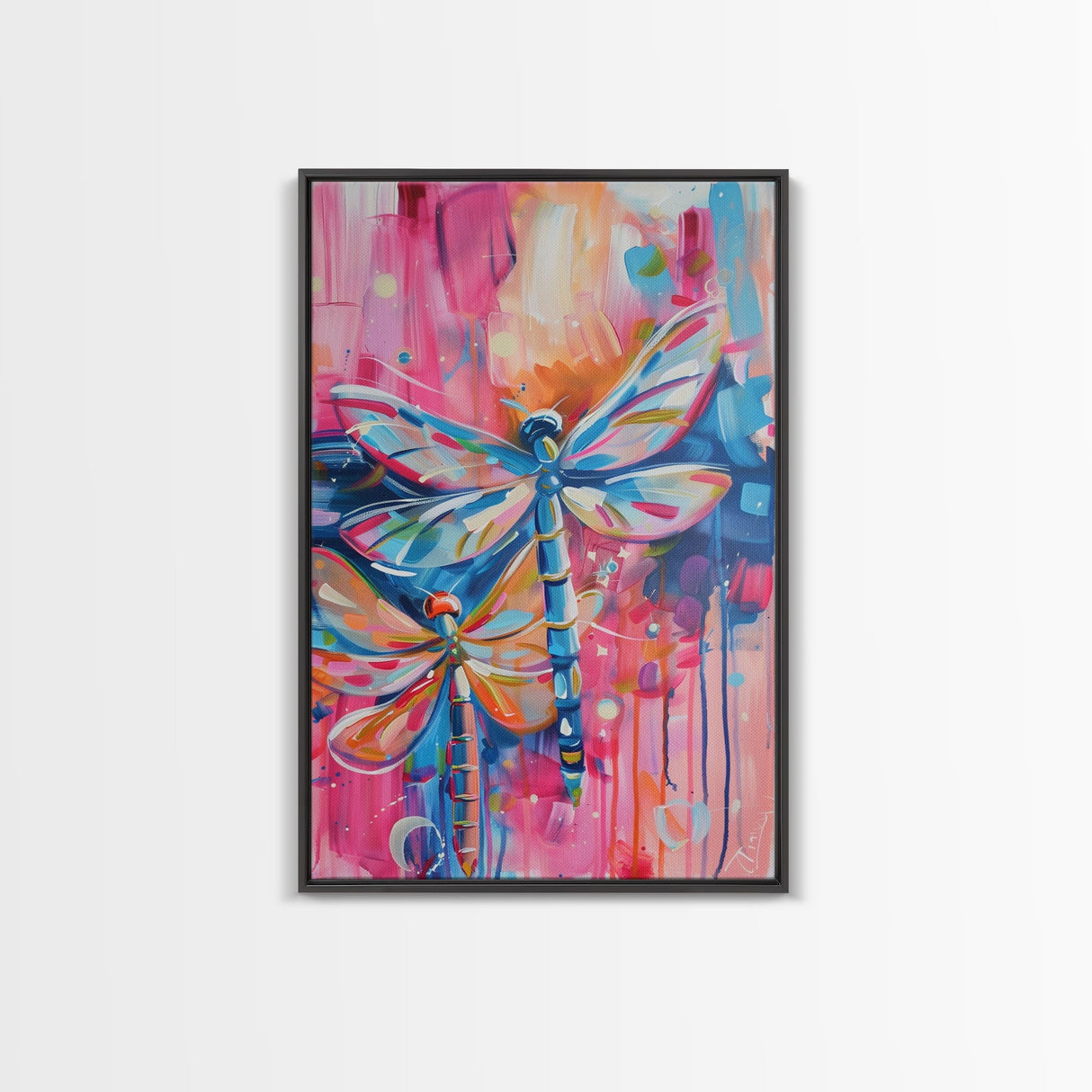 Vibrant Dragonflies in Abstract Background - Framed Canvas Print, Nature-Inspired Art, Colorful Insect Decor, Living Room Wall Art