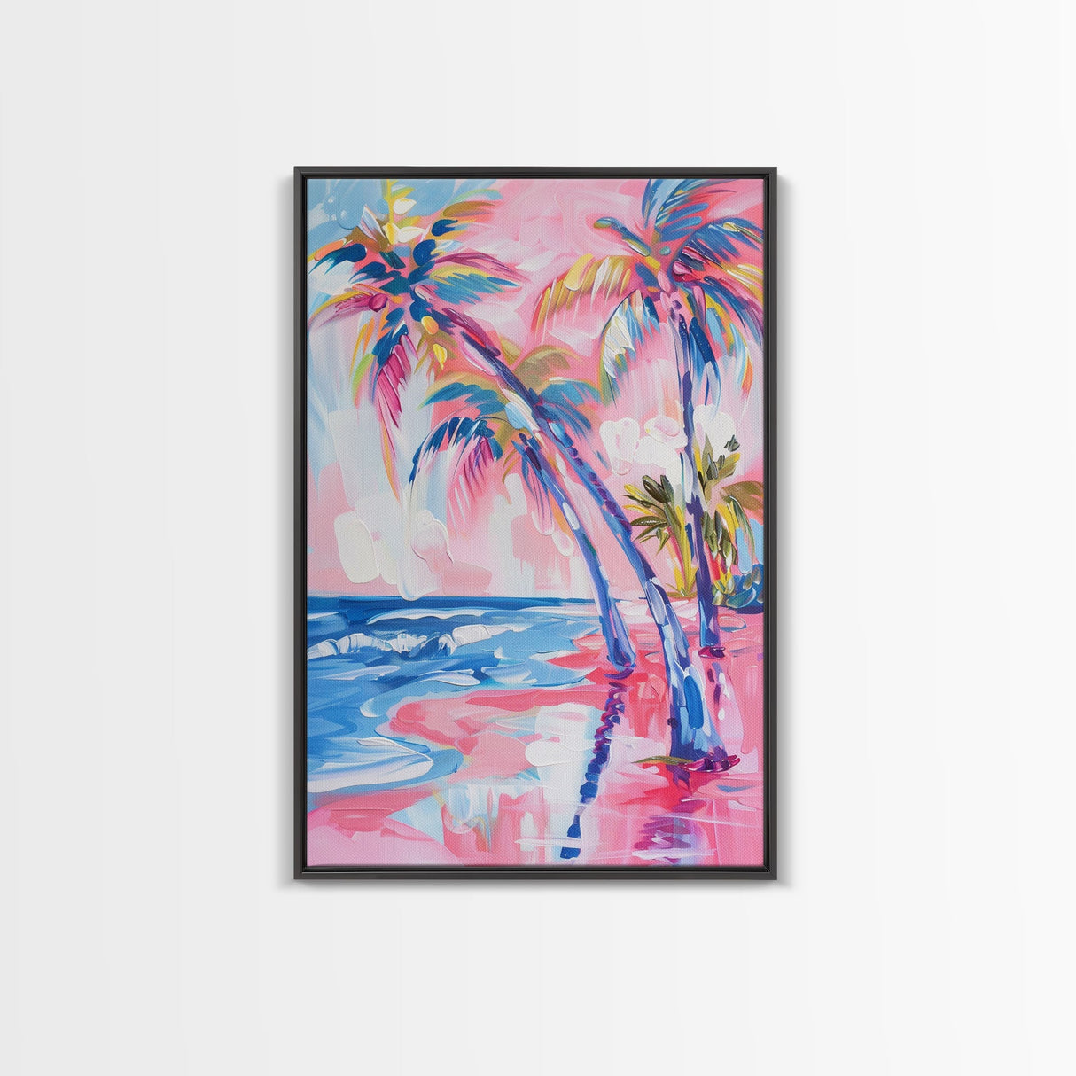 Vibrant Palm Trees and Ocean Waves in Abstract Style - Framed Canvas Print, Coastal Wall Art, Tropical Beach Decor for Living Room