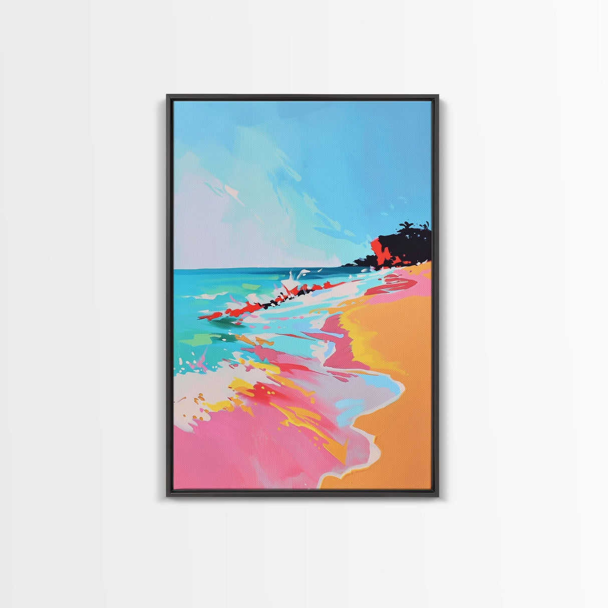 Dynamic Waves Crashing on Vibrant Beach - Framed Canvas Print, Coastal Wall Art, Ocean Vibes Decor for Living Room