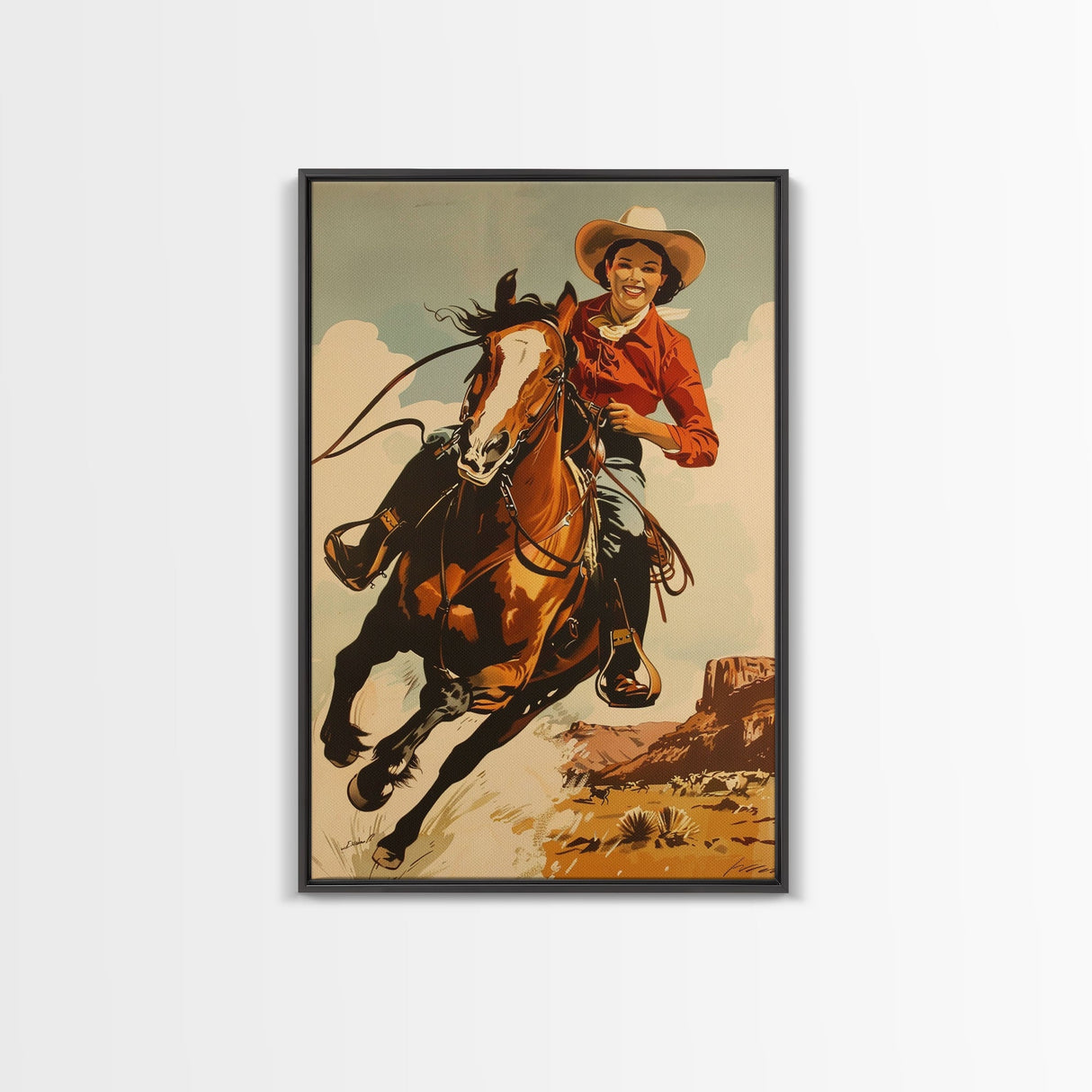 Vibrant Cowgirl Riding a Horse in Western Landscape | Framed Canvas Print | Western Wall Art | Living Room Decor | Rustic Home Decor