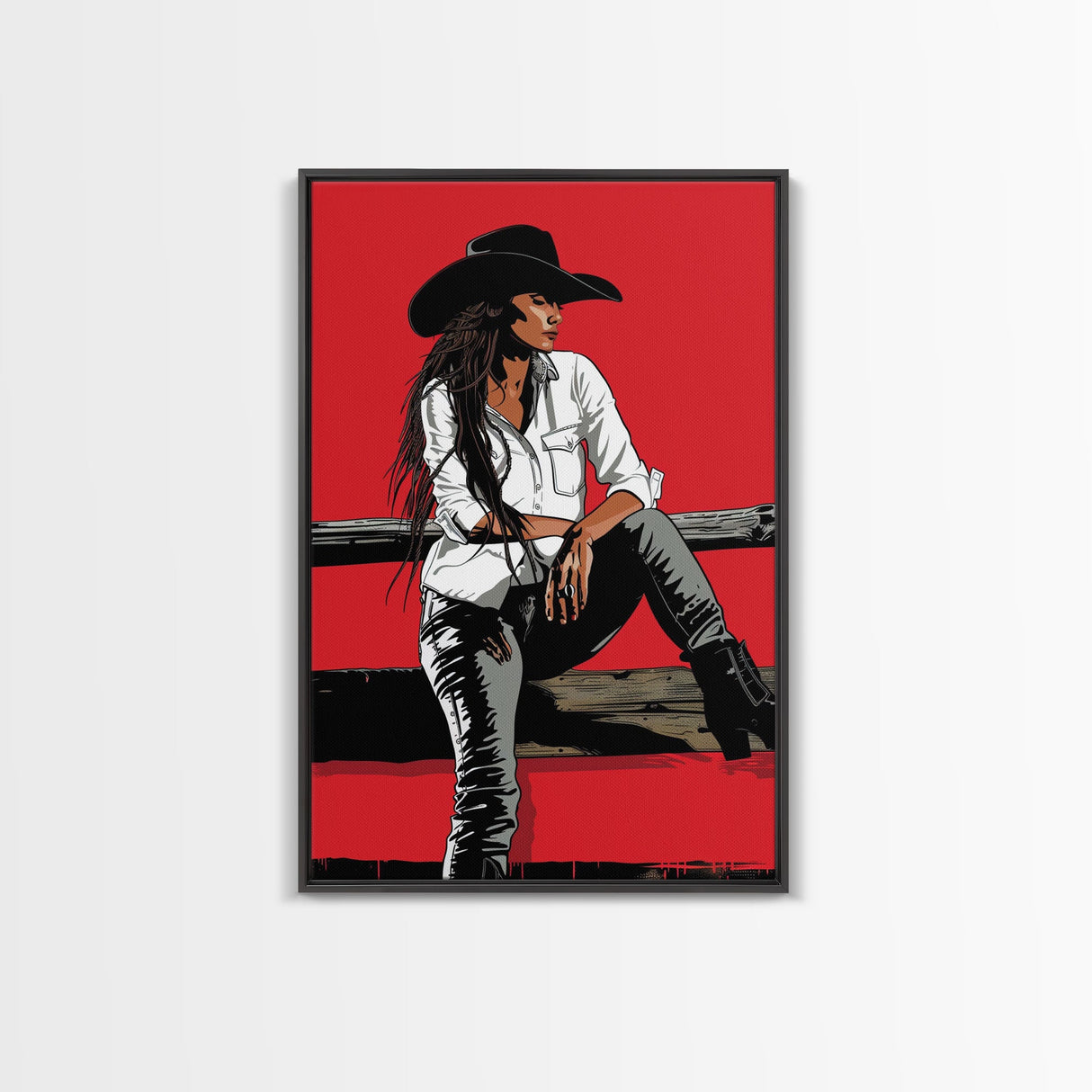 Pensive Cowgirl with Red Background Framed Canvas Print - Dramatic Western Decor, Stylish Wall Art for Living Room, Bedroom