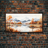 Panoramic Gold Brown Mountain Valley Watercolor Art Print On Canvas, Misty Rolling Hills Landscape Painting, Extra Large  Wall Art