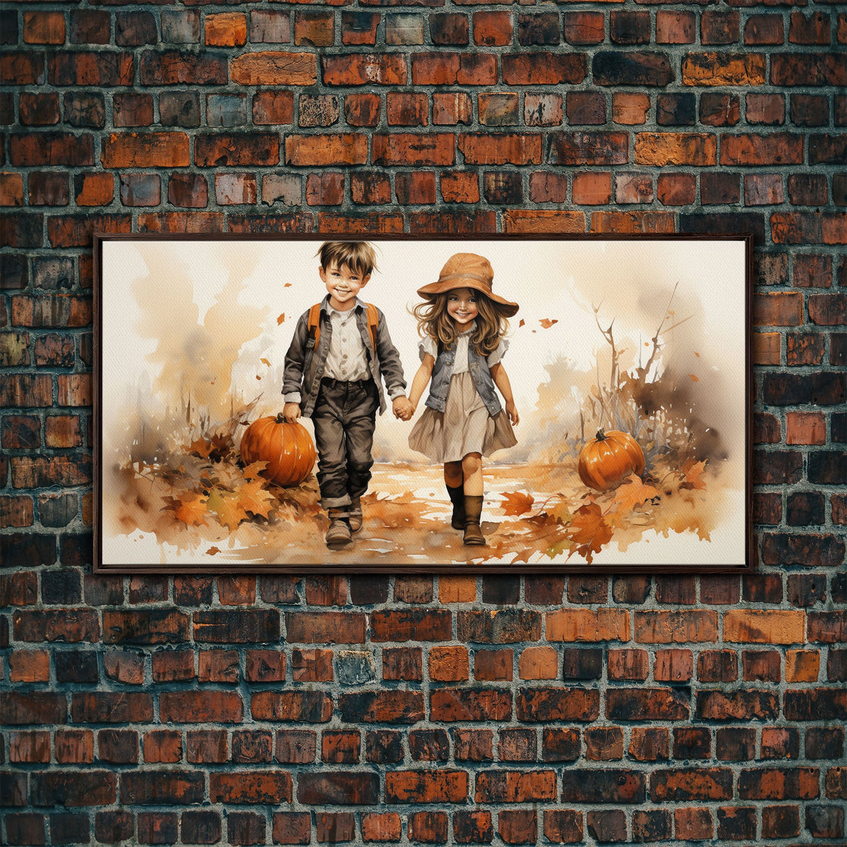 Boy And Girl Holding Hands, Fall Wall Decor, Canvas Print, Wall Hanging, Panoramic Art, Kids Wall Art, Nursery Wall Art, Gifts For Grandma