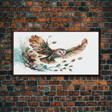 Flying owl with trees, leaves, forest double exposure, nature animal, owl illusion art, wrapped framed canvas print, office wall art