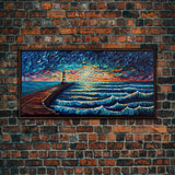 Starry Night Style Light House - Framed Canvas Print - Lighthouse and Beach Art - Lakehouse Art - Beach House - Living Room Decor