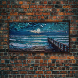 Full Moon Over Beach & Ocean Waves - Framed Canvas Print - Lighthouse and Beach Art - Lakehouse Art - Beach House - Living Room Decor