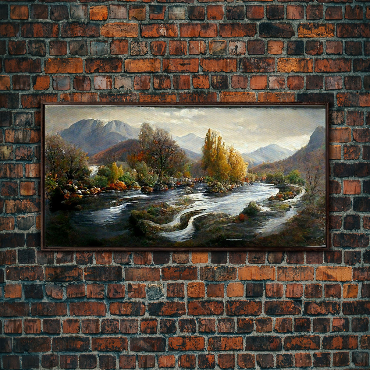 Scenic nature landscape canvas print, flowing river water color, fall scenic art, panoramic nature landscape