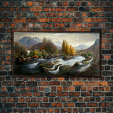 Scenic nature landscape canvas print, flowing river water color, fall scenic art, panoramic nature landscape