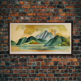 Serene Green Watercolor Landscape, Canvas Print, abstract wall art of a lake and mountains