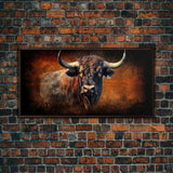 Bull Wall Decor, Animal Wall Art, Western Wall Art, Nature Wall Decor, Panoramic Wall Decor, Canvas Print, Wall Art, Framed Canvas Art