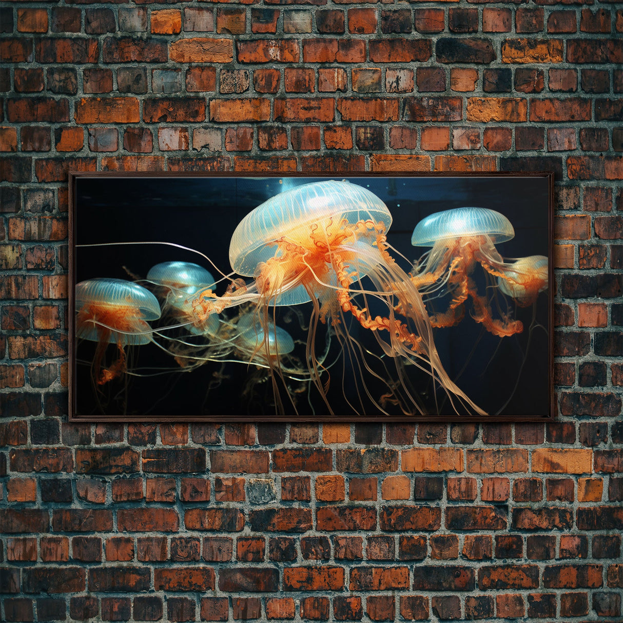 Jelly Fish  Art, Ocean Wall Art, Orange Jelly Fish, Panoramic Art, Wall Art, Canvas Art, Landscape Art, Gift For Boss, Teen Boy Room Decor