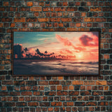 Sunset Over A Miami Beach, Framed Canvas Print, Vaporwave Wall Art, Retro 1980s Beach Art