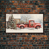 Christmas Tree Delivery - Retro Farmhouse Christmas Decor - Old Red Truck Delivering Christmas Trees - Framed Canvas Print - Holiday Decor