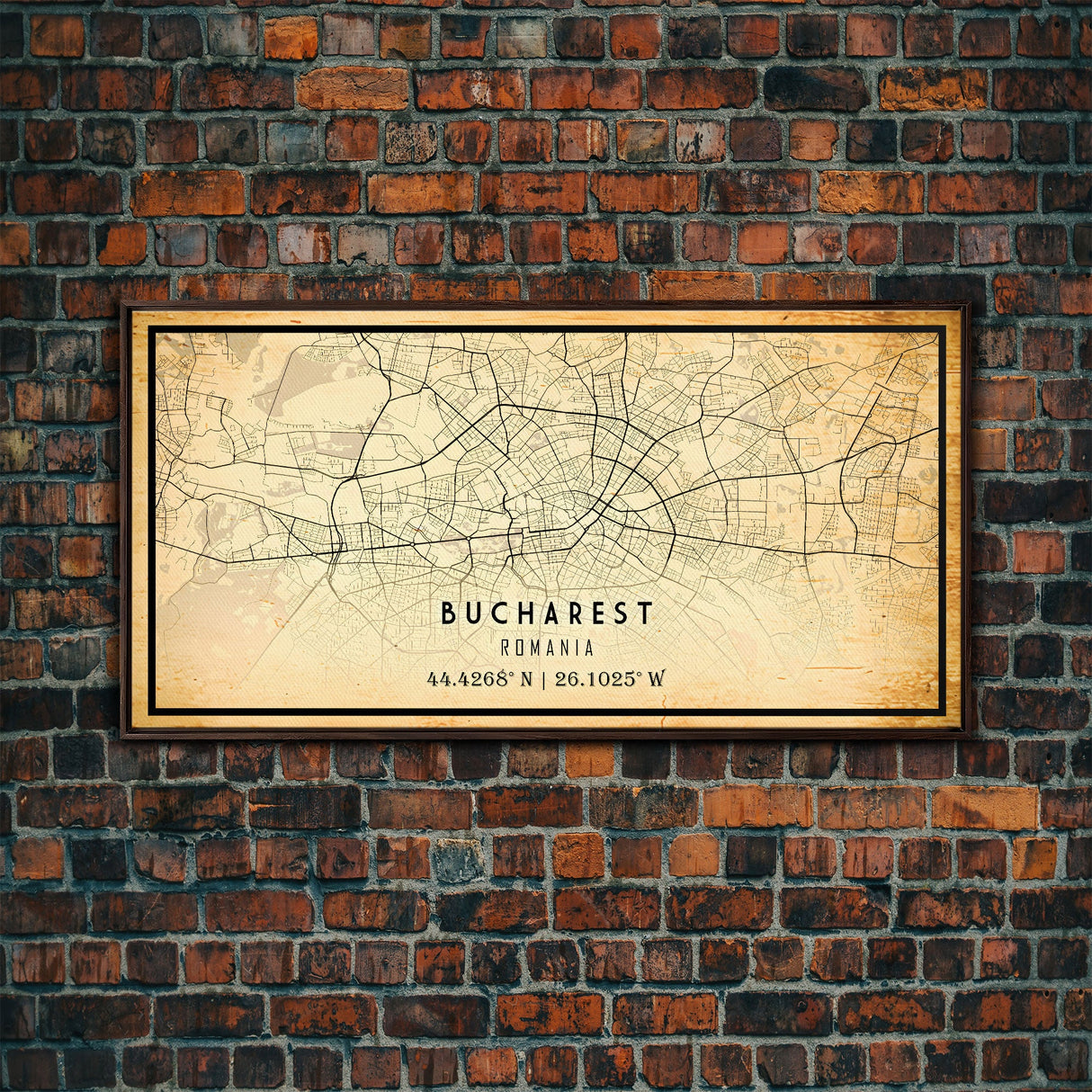 Panoramic Vintage Style Bucharest City Map Wall Art Canvas Print, Distressed Bucharest Map, Framed Art, Cool Travel Wall Art, Office Art