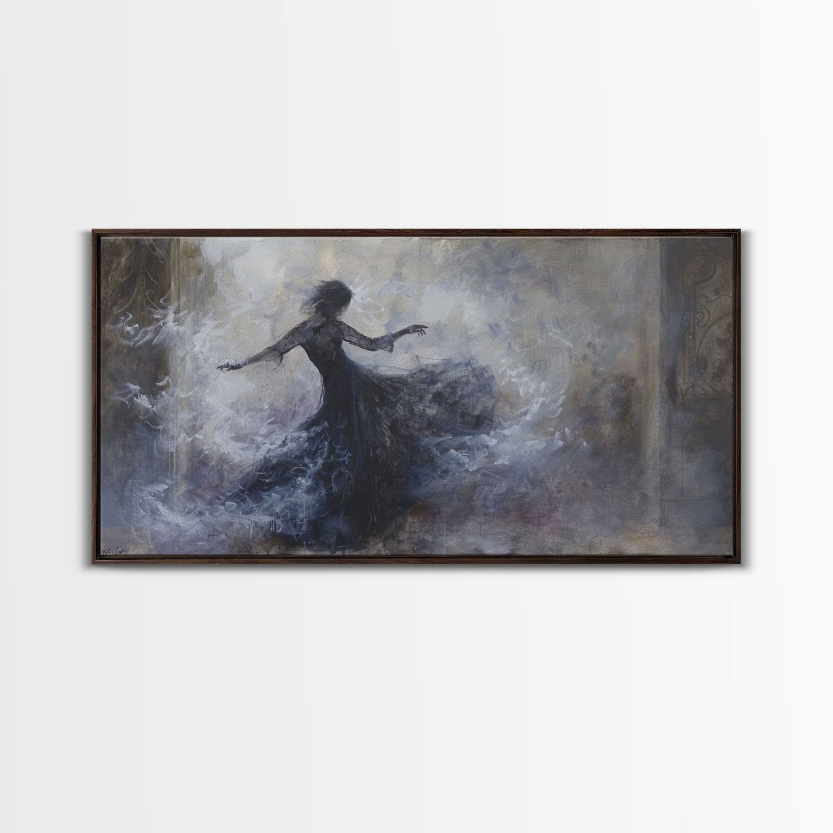 Ballerina Dancing In The Fog, Framed Canvas Print, Halloween Decor, Macabre Dark Academia Wall Art