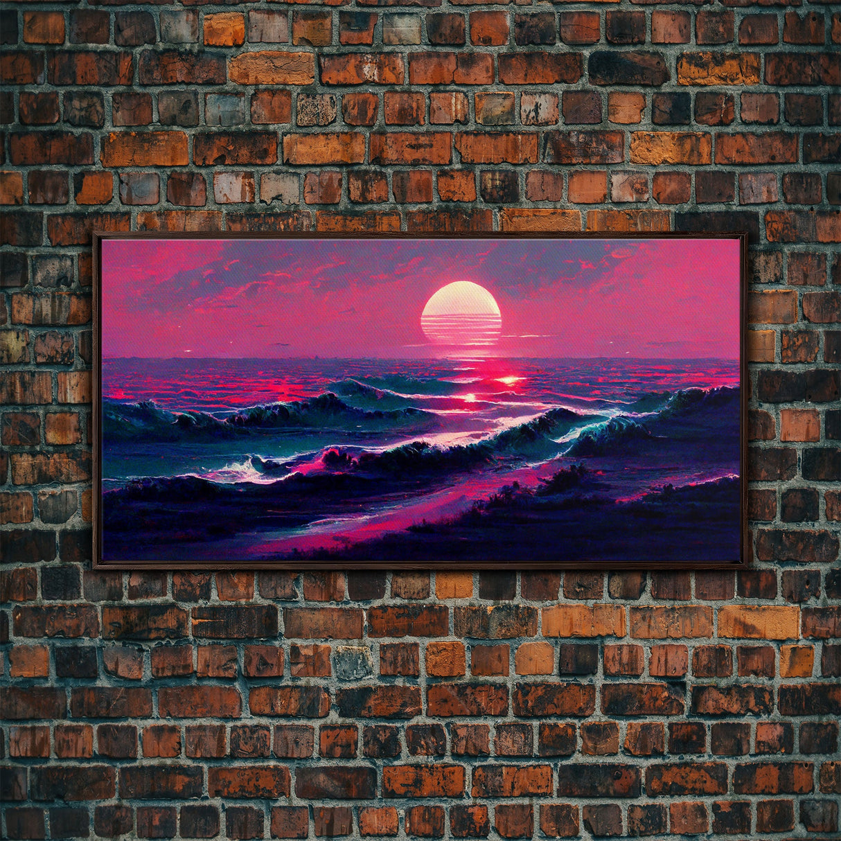 Synth wave sunset, ocean painting canvas print, outrun style, sun set art, wall decor, Made in Texas, ocean sunset, beach vaporwave