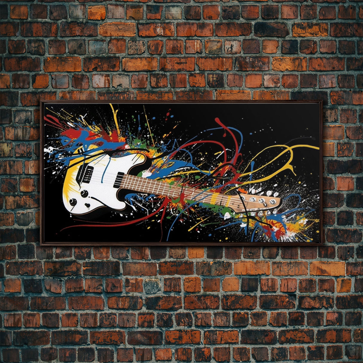 Jackson Pollock Graffiti Guitar Wall Art - Framed Canvas Print - Abstract Painting - Framed Wall Art - Colorful Retro Style Art