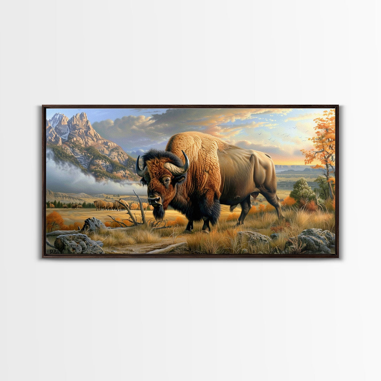 Majestic Bison in Autumn Landscape, Framed Canvas Print, Perfect for Living Room Art, Rustic Home Decor, Western Themed Bedroom Wall Art