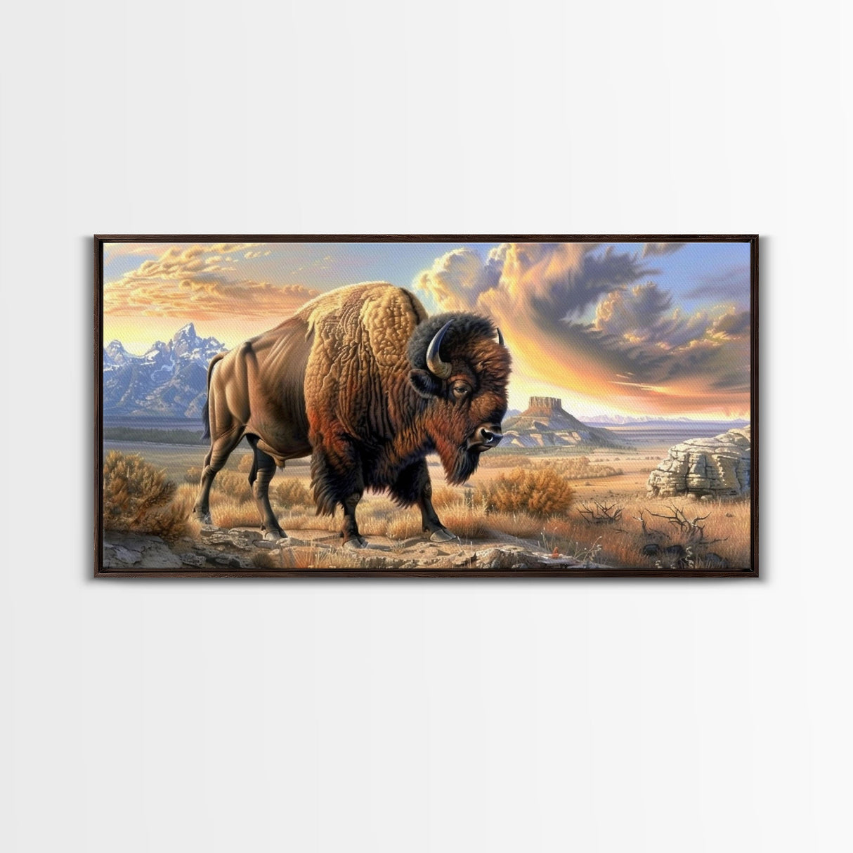 Lone Bison Roaming the Plains, Framed Canvas Print, Great for Living Room Art, Rustic Home Decor, Western Style Bedroom Wall Art