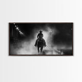 Mysterious Cowboy Riding Through Smoke at Night, Framed Canvas Print for Living Room, Ideal Western Bedroom Decor, Wall Art