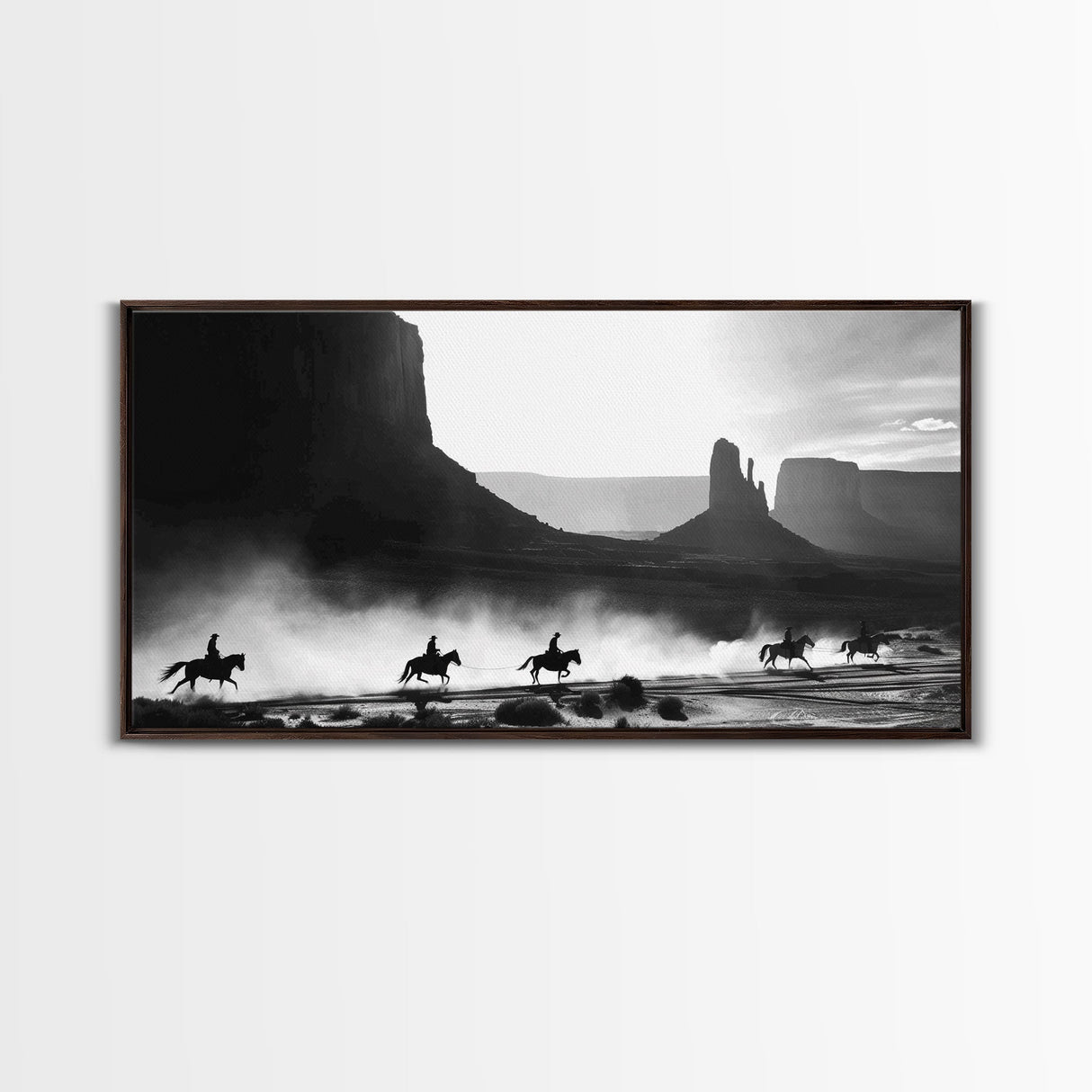 Western Riders Traversing Desert Valley, Captivating Framed Canvas Print, Wall Art for Living Room or Bedroom, Unique Decor