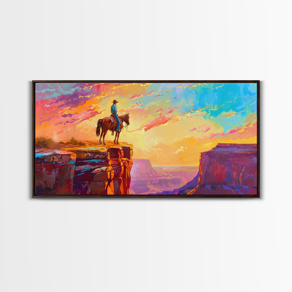 Lone Cowboy at Canyon Edge During Sunset, Farmhouse Style Framed Canvas Print for Bedroom Wall Art, Rustic Home Decor, Western Landscape