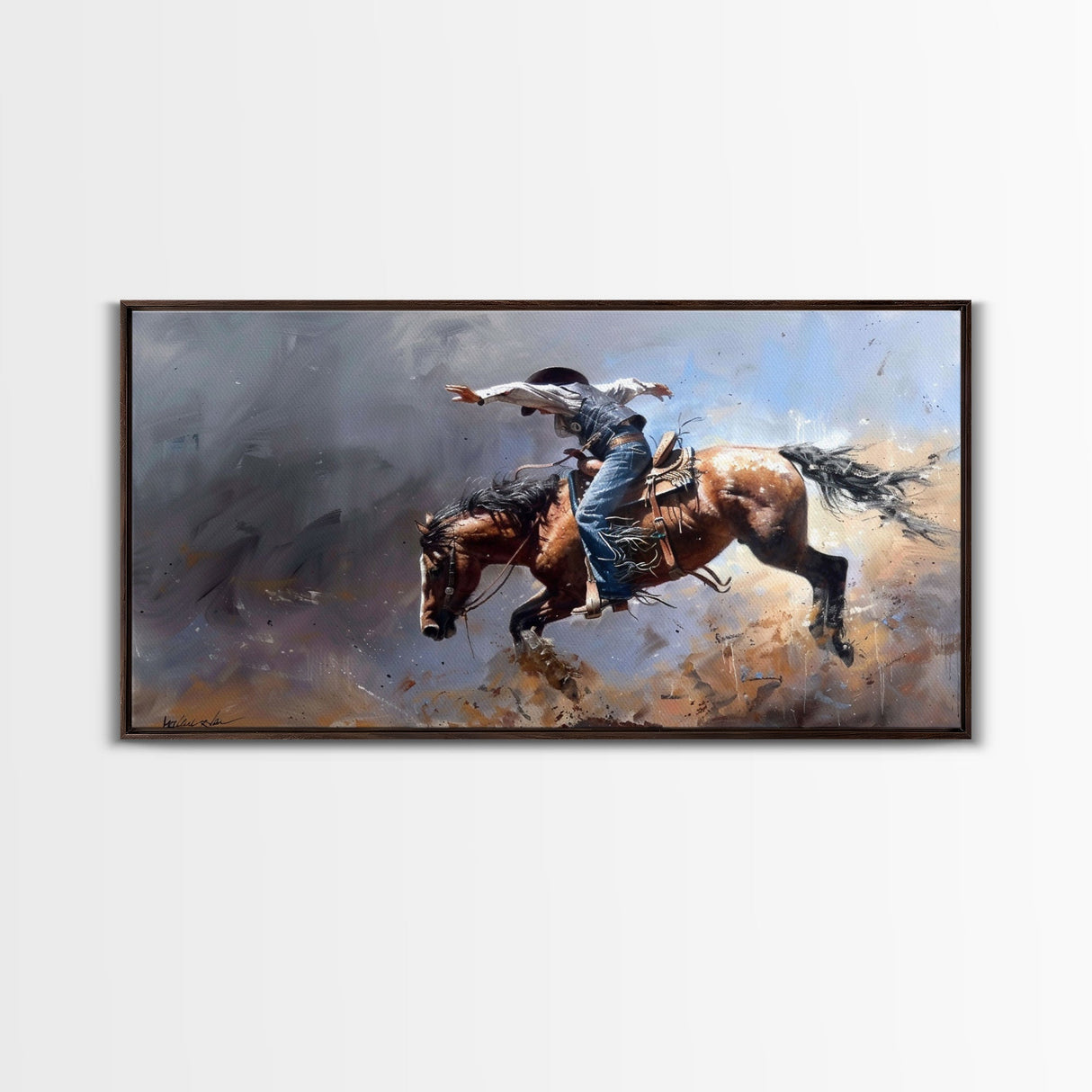 Powerful Rodeo Horse in Mid-Buck, Striking Framed Canvas Print, Perfect for Living Room Art, Western Bedroom Decor, Cowboy Wall Art