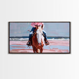 Serene Beach Horse Riding Scene, Elegant Framed Canvas Print, Ideal for Coastal Living Room Art, Beach Bedroom Decor, Horse Wall Art