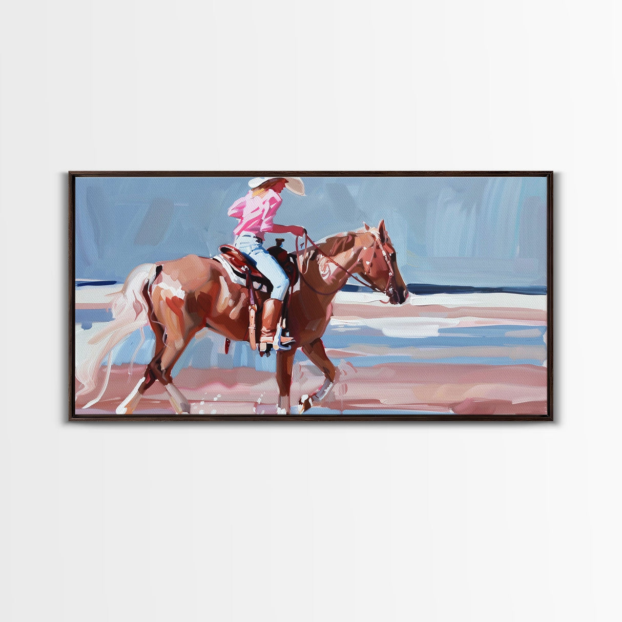 Woman Riding Horse on Beach, Peaceful Framed Canvas Print, Great for Coastal Living Room Art, Beach Bedroom Decor, Equestrian Wall Art