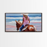 Cowgirl Riding Horse by the Ocean, Tranquil Framed Canvas Print, Perfect for Coastal Living Room Art, Beach Bedroom Decor, Horse Wall Art