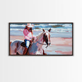 Cowgirl in Pink Shirt Riding Horse by the Sea, Beautiful Framed Canvas Print, Coastal Living Room Art, Beach Bedroom Decor, Horse Art