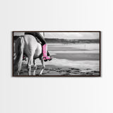 Beach Horseback Rider with Pink Boots, Delightful Framed Canvas Print, Ideal for Living Room or Bedroom Wall Art