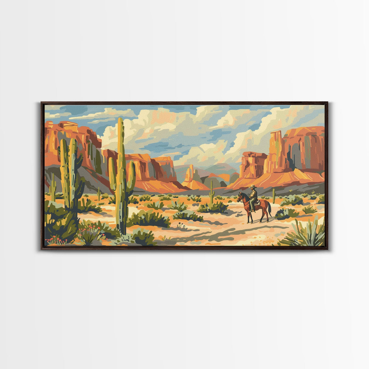 Lone Cowboy in Desert Landscape, Framed Canvas Print, Perfect for Rustic Living Room Art, Western Wall Art, Home and Bedroom Decor