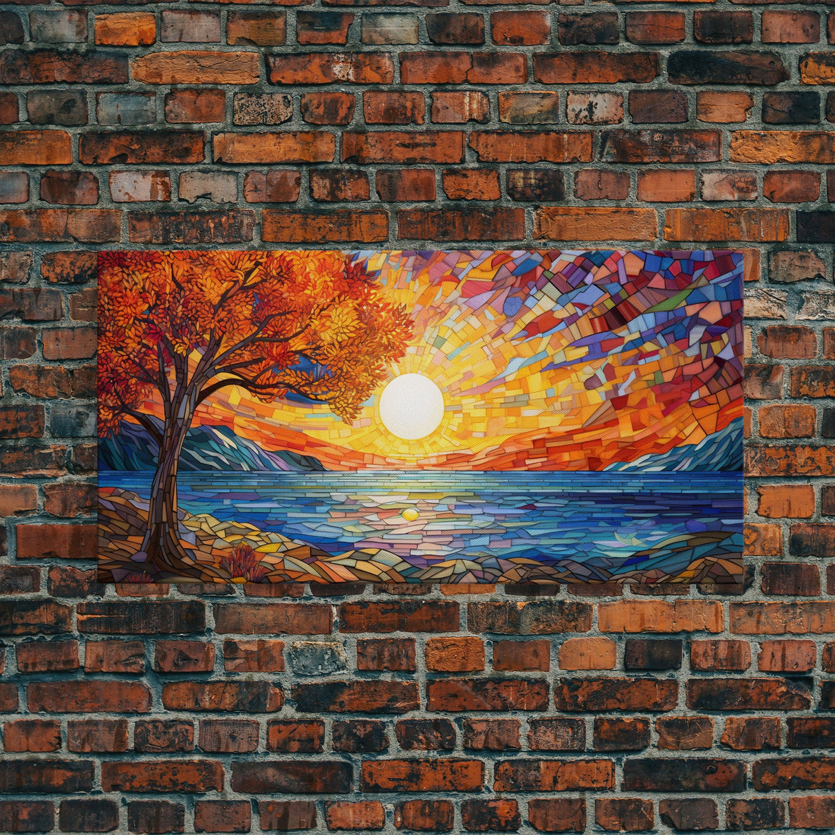 Mosaic Wall Art, Abstract Wall Print, Sunset, Lake Art, Canvas Print, Wall Hanging, Panoramic Art, Dining Room Decor, Realtor Thank You